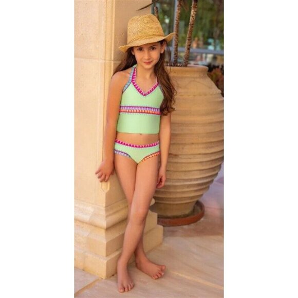 NWT Pilyq 2 Girls Aloe Green Crochet Rainbow Trim Tankini 1PC Swimsuit 118579